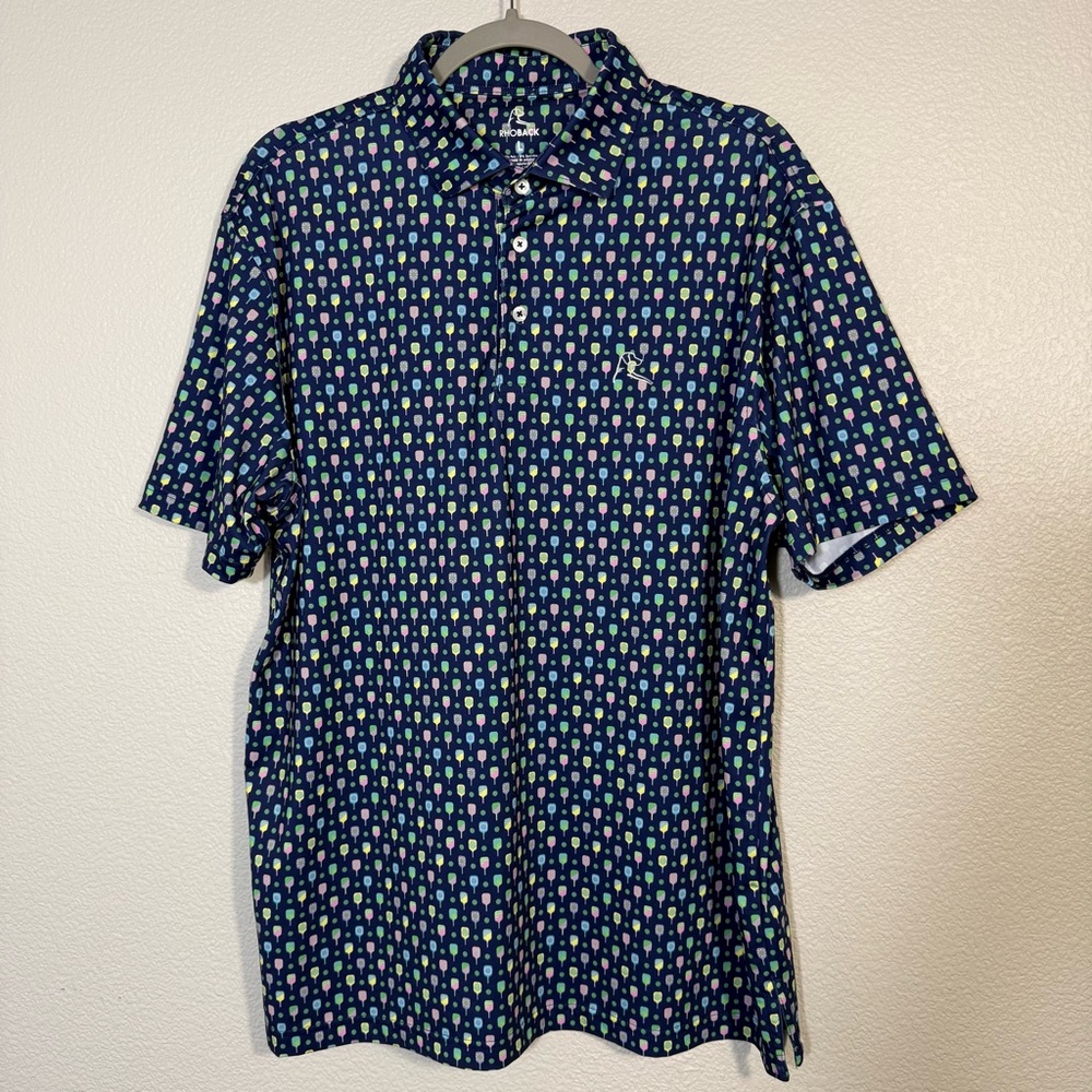 Rhoback Navy Polo with Colorful pickleball  Print men’s large RARE